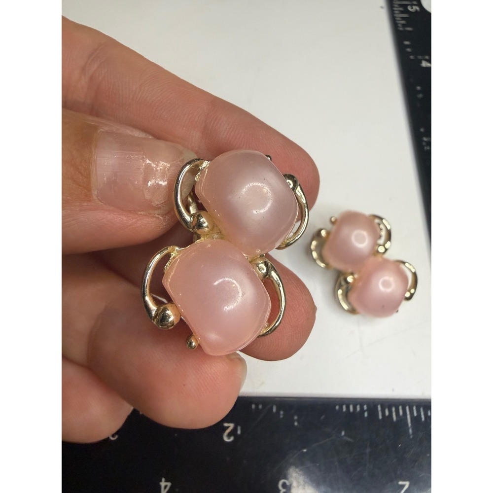 Vintage Pink Moonstone Cabochon Clip On Earrings Gold Tone Double Stone